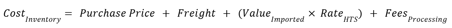Inventory cost equation showing that inventory cost equals purchase price plus freight, plus imported value multiplied by the HTS duty rate, plus processing fees.