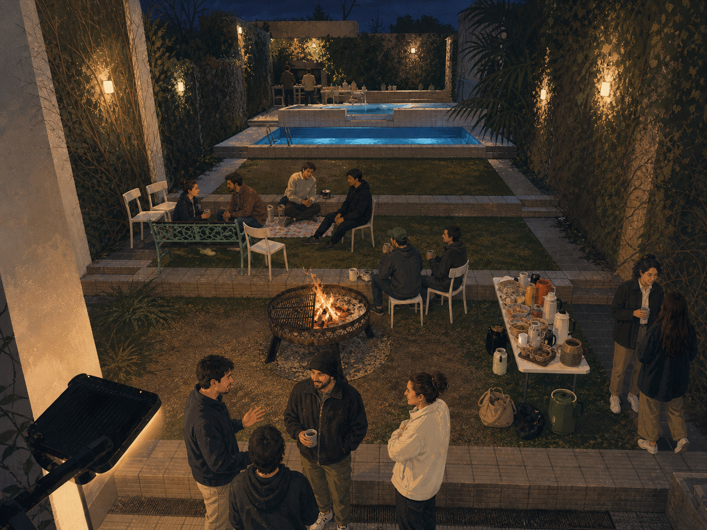 Ilustración nocturna de personas conversando alrededor del fuego durante la despedida de la Builder House