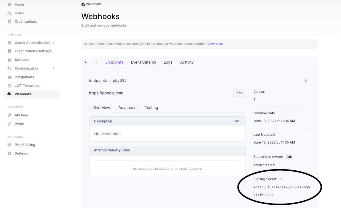 Clerk webhook signing secret dashboard location
